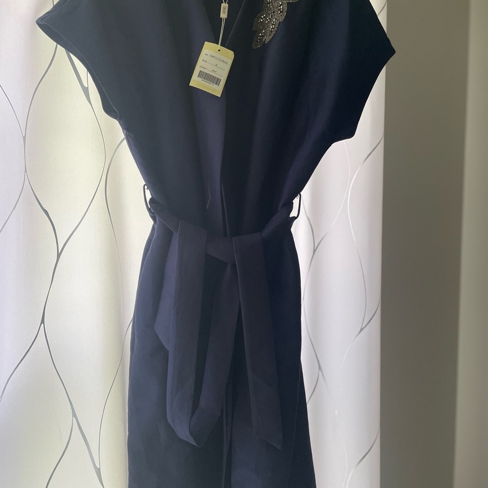Blue Midi Sheath Dress with Tie Front and Cap Dolman Sleeves